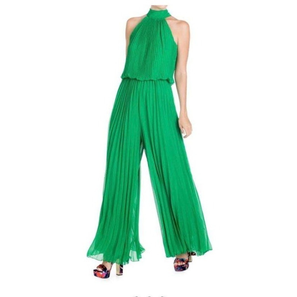 Meghan Wild Orchid Pleated Wide Leg Halter Jumpsuit Lined Flowy Green Small